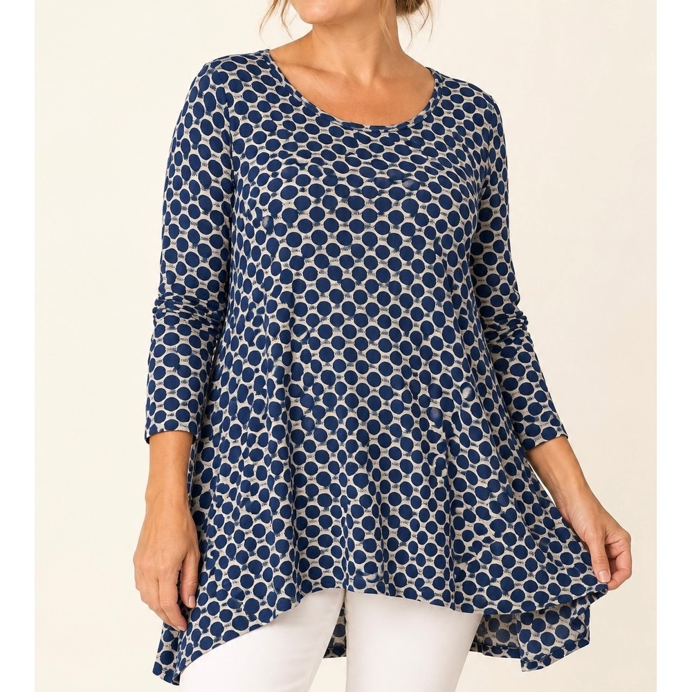 Tianello Steve Barranza Blue Tan Livia Tunic Top XL Geometric High Low USA Made